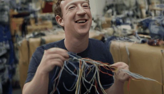 dslr photo of mark zuckerberg happy, pulling on threads, lots of threads everywhere, laughing, hd, 8k