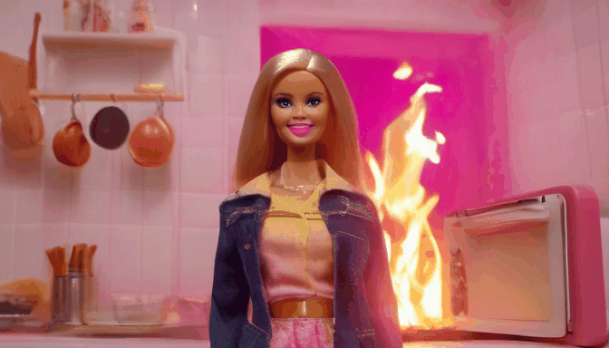 a barbie doll smiling in kitchen, oven on fire, disaster, pink wes anderson vibes, cinematic
